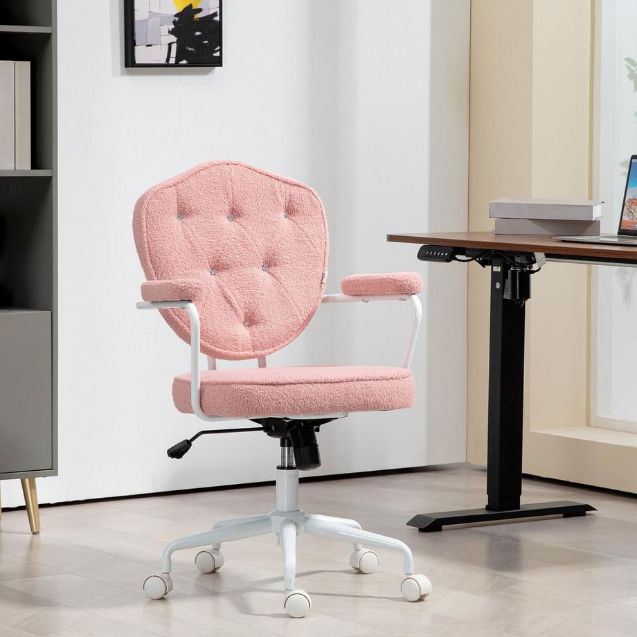 Northio Bürostuhl, Ergonomisch Schreibtischstuhl mit Wippfunktion, geknöpftem Bezug, Höhenverstellbar Computerstuhl mit Drehfunktion, für Home Office, Teddybärvlies, Rosa  
