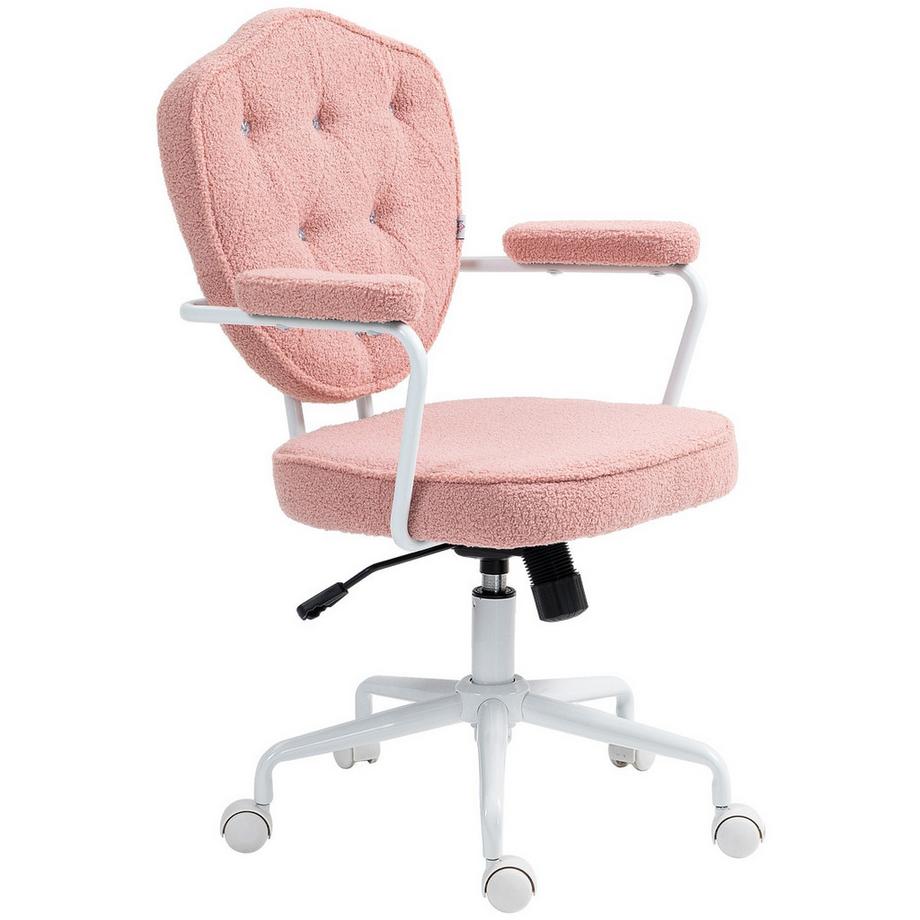 Bürostuhl, Ergonomisch Schreibtischstuhl mit Wippfunktion, geknöpftem Bezug, Höhenverstellbar Computerstuhl mit Drehfunktion, für Home Office, Teddybärvlies, Rosa
