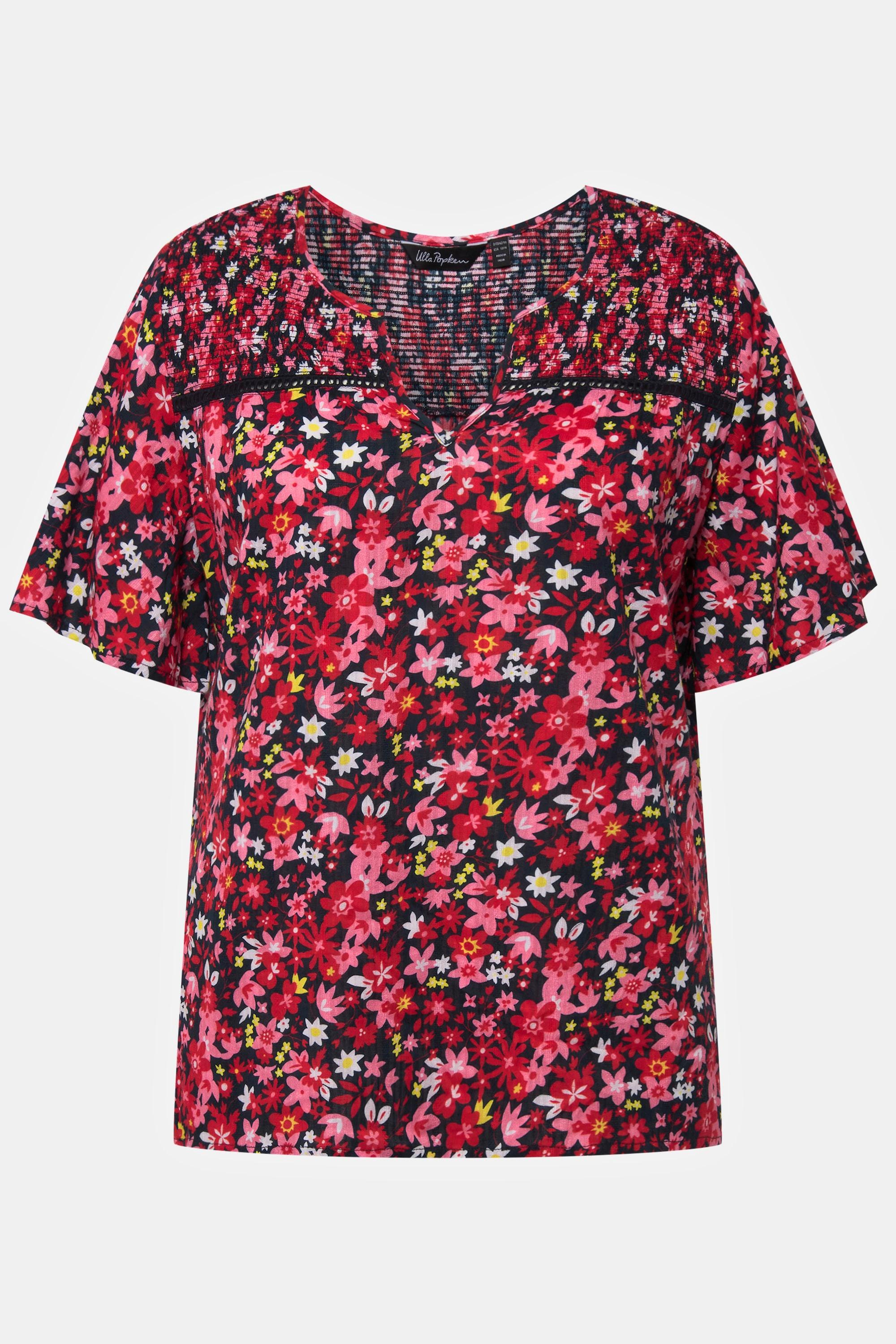 Ulla Popken  Blusa dal taglio svasato con fiori, punto smock, scollo a tunica e mezze maniche 