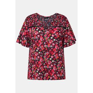 Ulla Popken  Blusa dal taglio svasato con fiori, punto smock, scollo a tunica e mezze maniche 