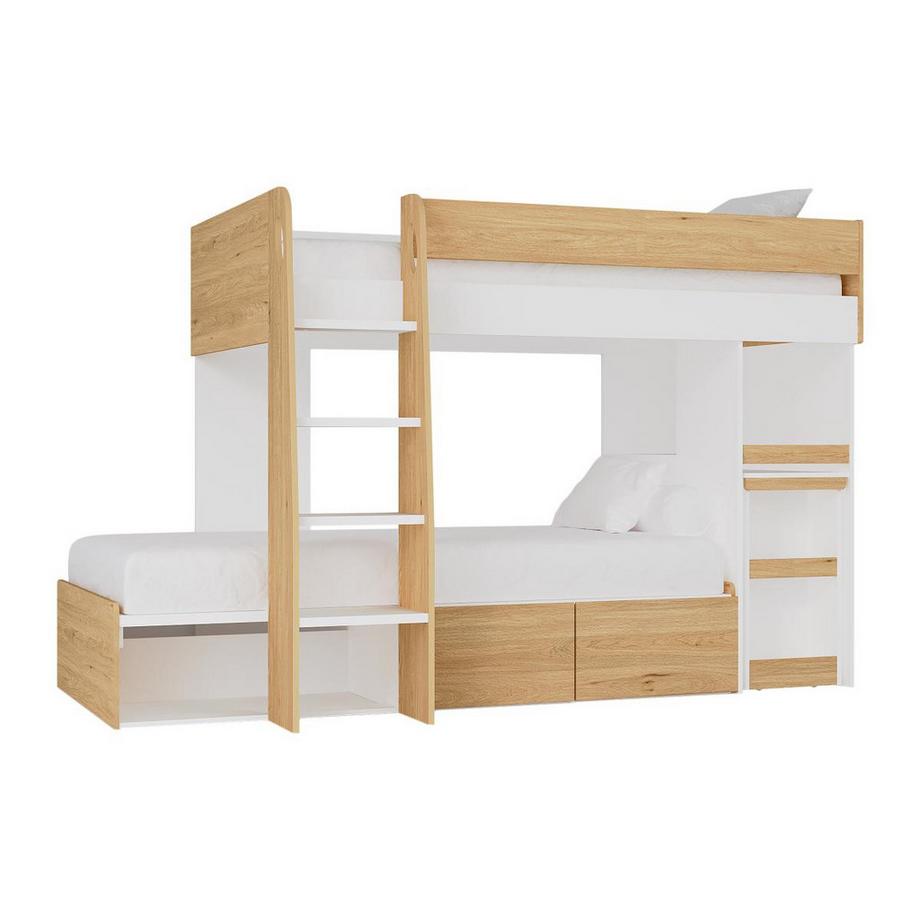 Vente-unique Etagenbett mit Schreibtisch & Stauraum - 2 x 90 x 190 cm - Holzfarben & Weiß + Matratze - LOMIDEN  