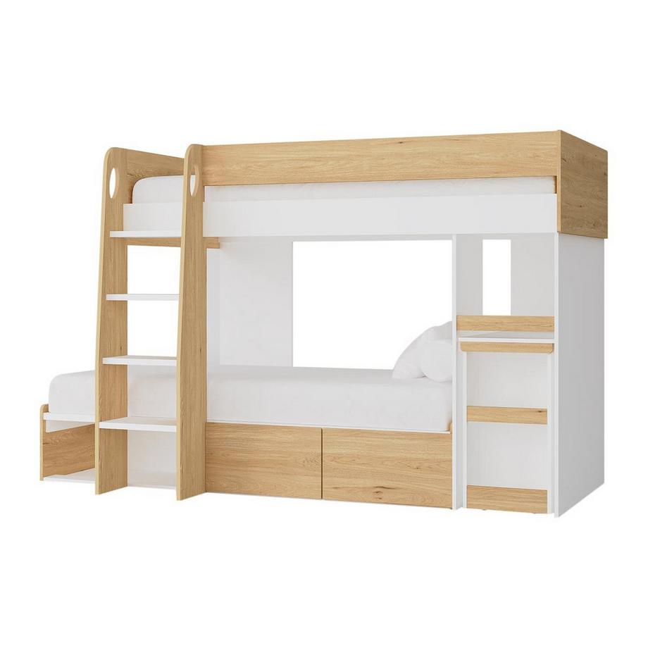 Vente-unique Etagenbett mit Schreibtisch & Stauraum - 2 x 90 x 190 cm - Holzfarben & Weiß + Matratze - LOMIDEN  
