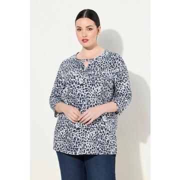 Maglia con design leopardato, apertura a goccia, scollo a girocollo e maniche a 3/4