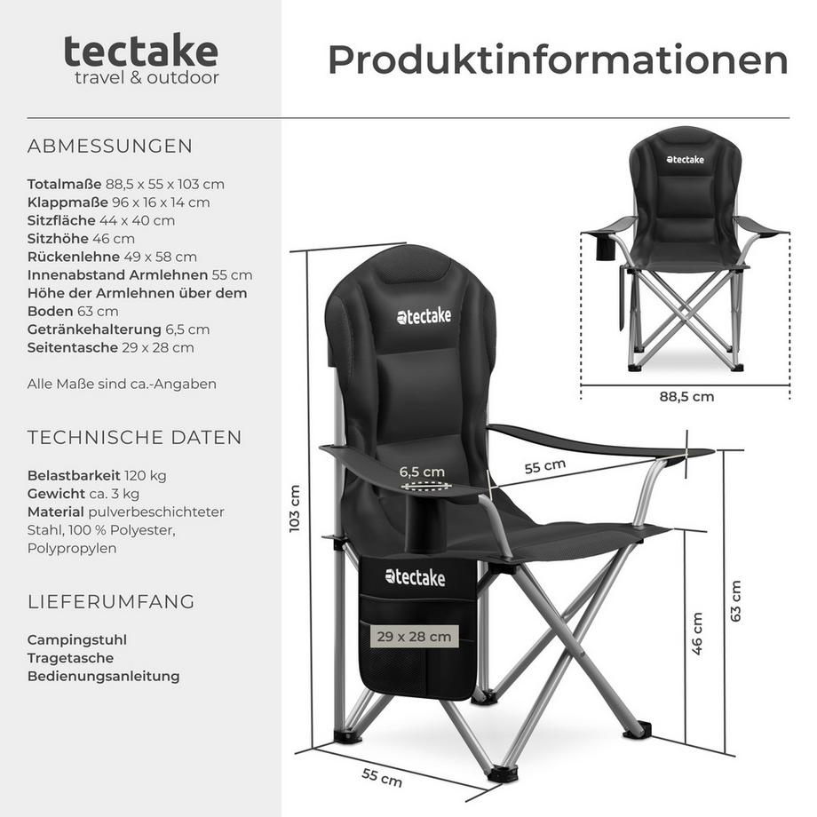 Tectake  Gepolsterter Campingstuhl MTX faltbar, inkl. Tragetasche mit Getränkehalter und Seitentasche 