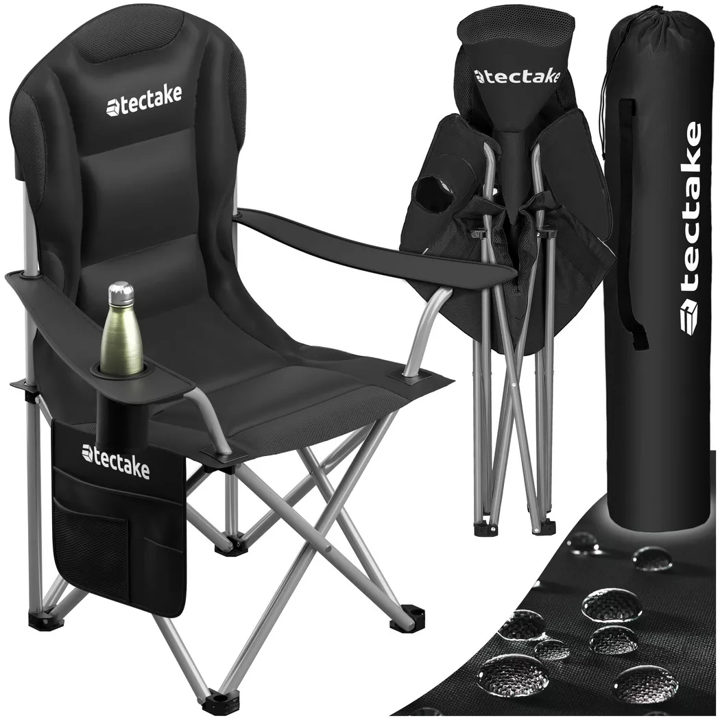 tectake Camping Chair MTX - padded, foldable, with cup holder & side pocket in Black