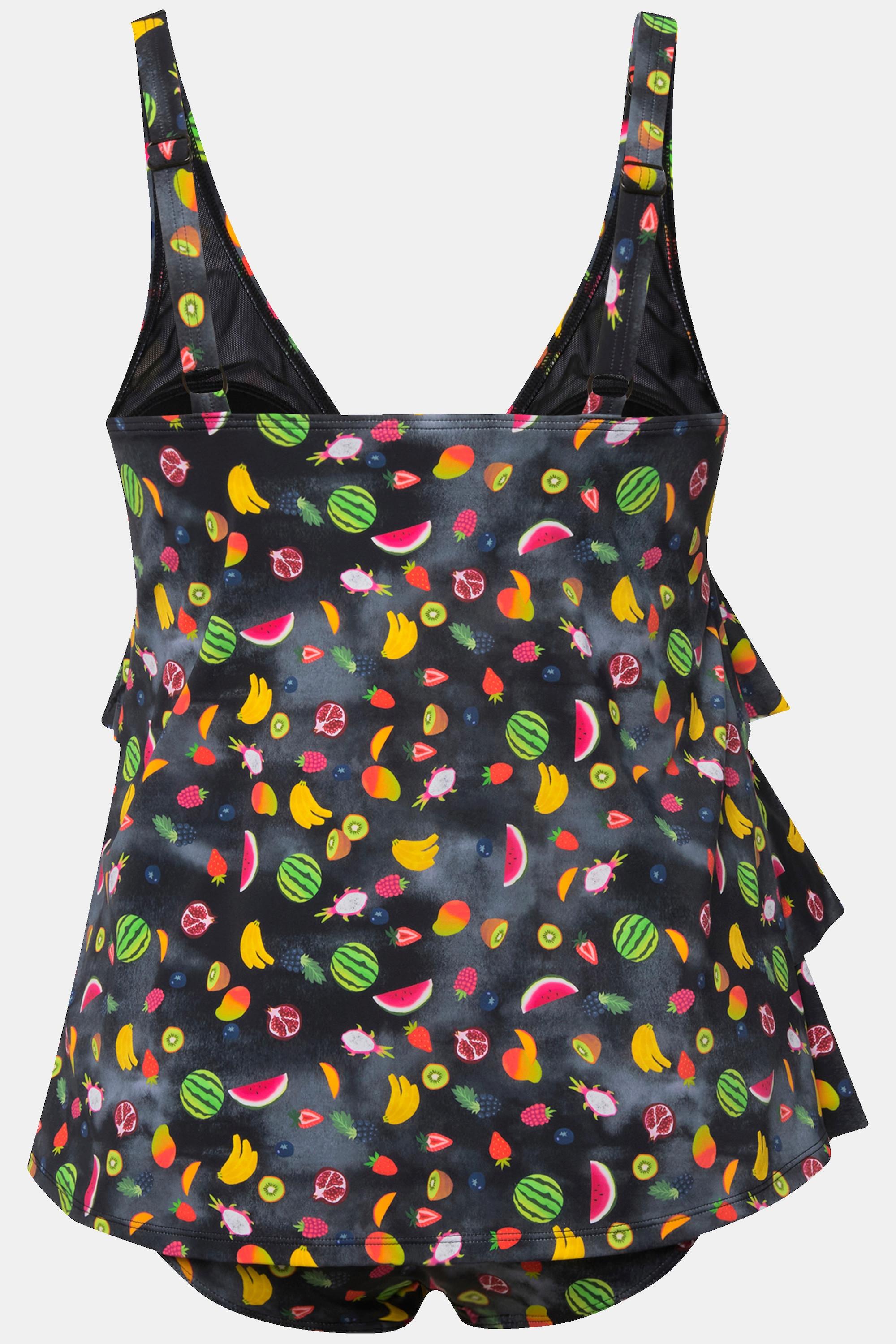 Ulla Popken  Tankini à volants, bonnets souples, matière recyclée dans un imprimé fruits 