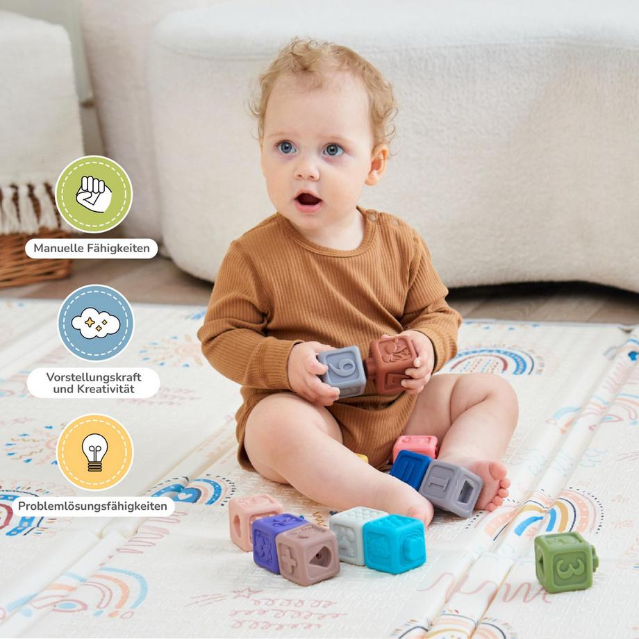 Activity-board  Spielzeug für Babys und Kinder aus Silikon - 12 sensorische Aktivitätswürfel - frühe Entwicklung und Zahnen 