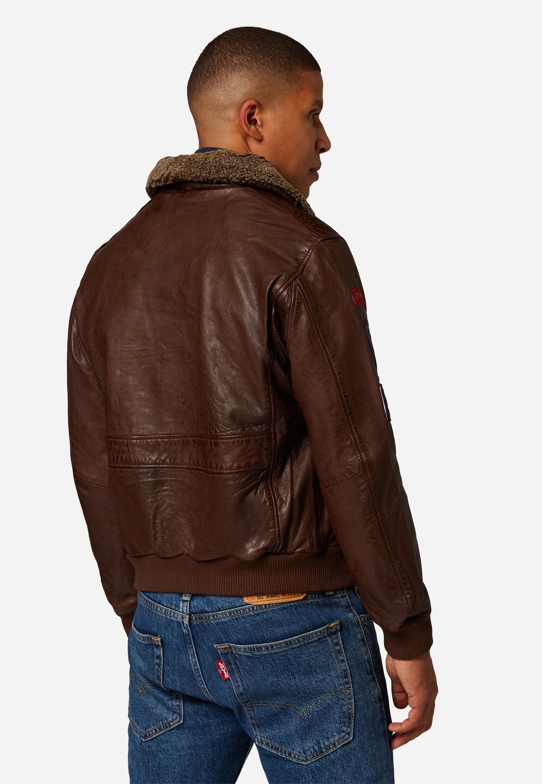 RICANO  Veste en cuir pour hommes Mitic - Style pilote, Patches marquants avec col en fourrure 