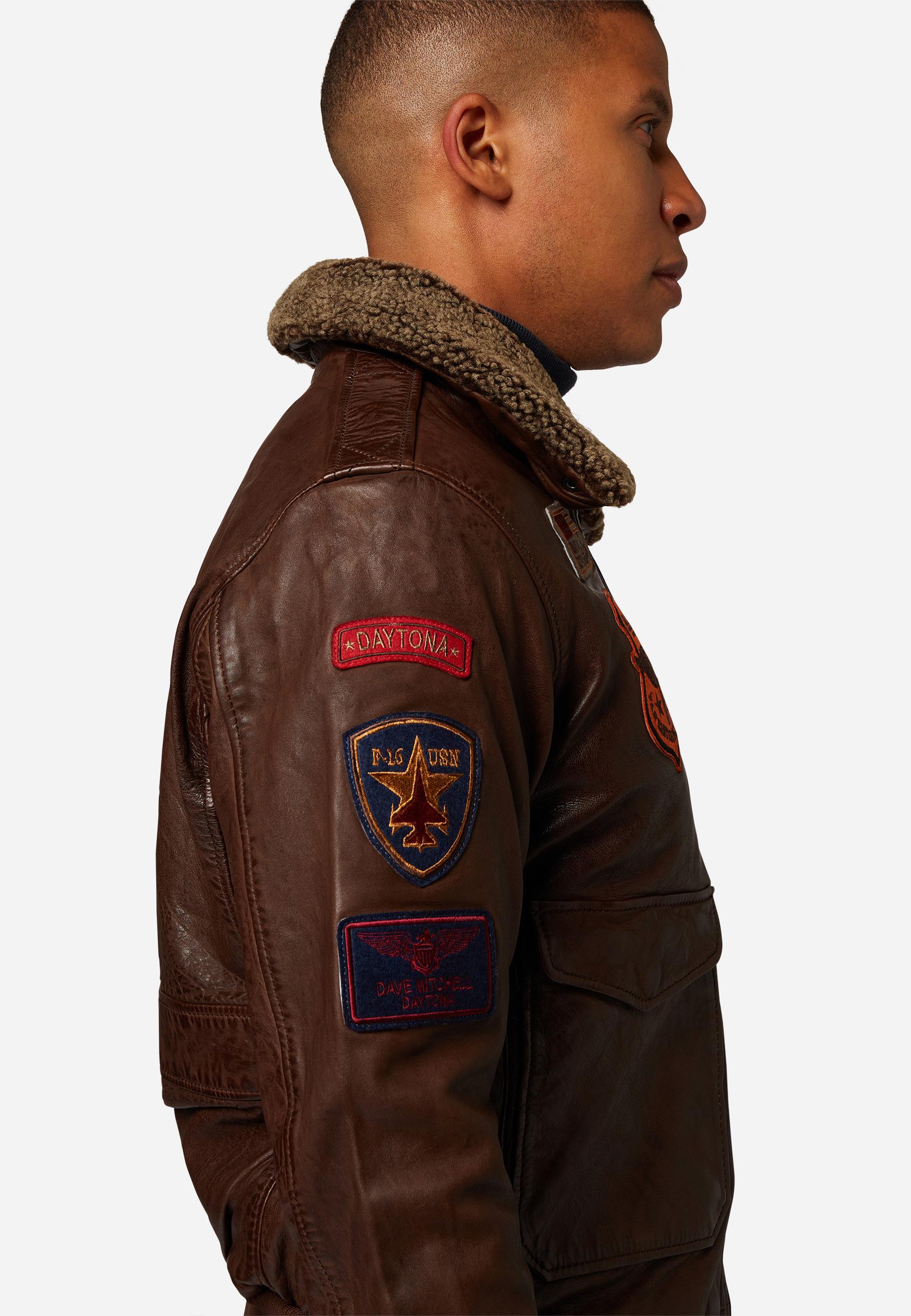 RICANO  Lederjacke Mitic - Piloten Stil, Markante Patches mit Fellkragen 