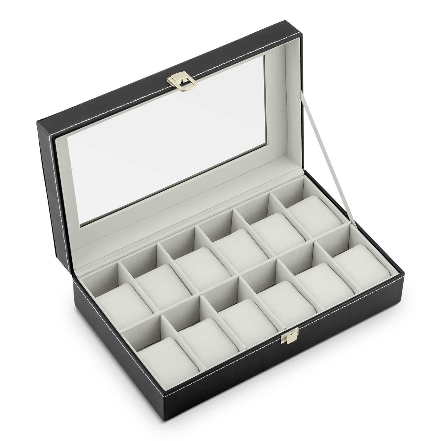 B2X  Luxuriöse Uhrenbox für 12 Uhren Massido MS-710 Schwarz und Beige 