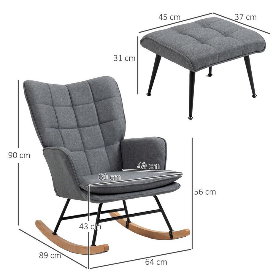 Northio  Chaise à bascule, jusqu'à 130 kg, balançoire avec tabouret, fauteuil, chaise d'allaitement aspect lin, chaise à bascule pour chambre à coucher 