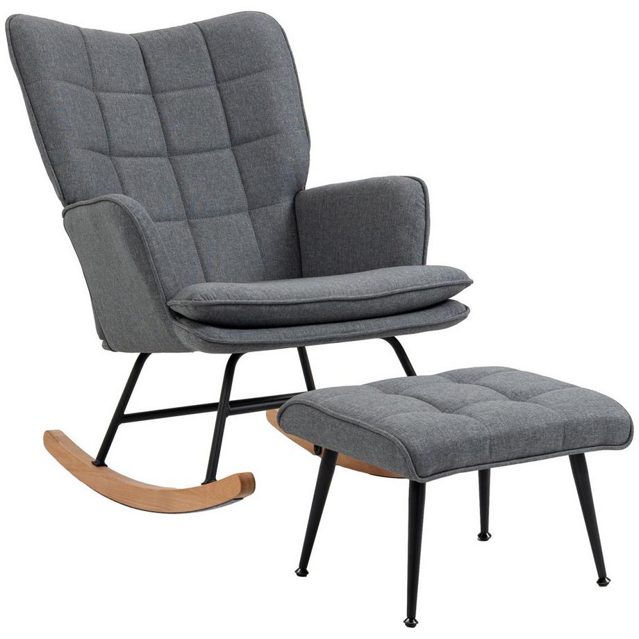 Northio  Chaise à bascule, jusqu'à 130 kg, balançoire avec tabouret, fauteuil, chaise d'allaitement aspect lin, chaise à bascule pour chambre à coucher 