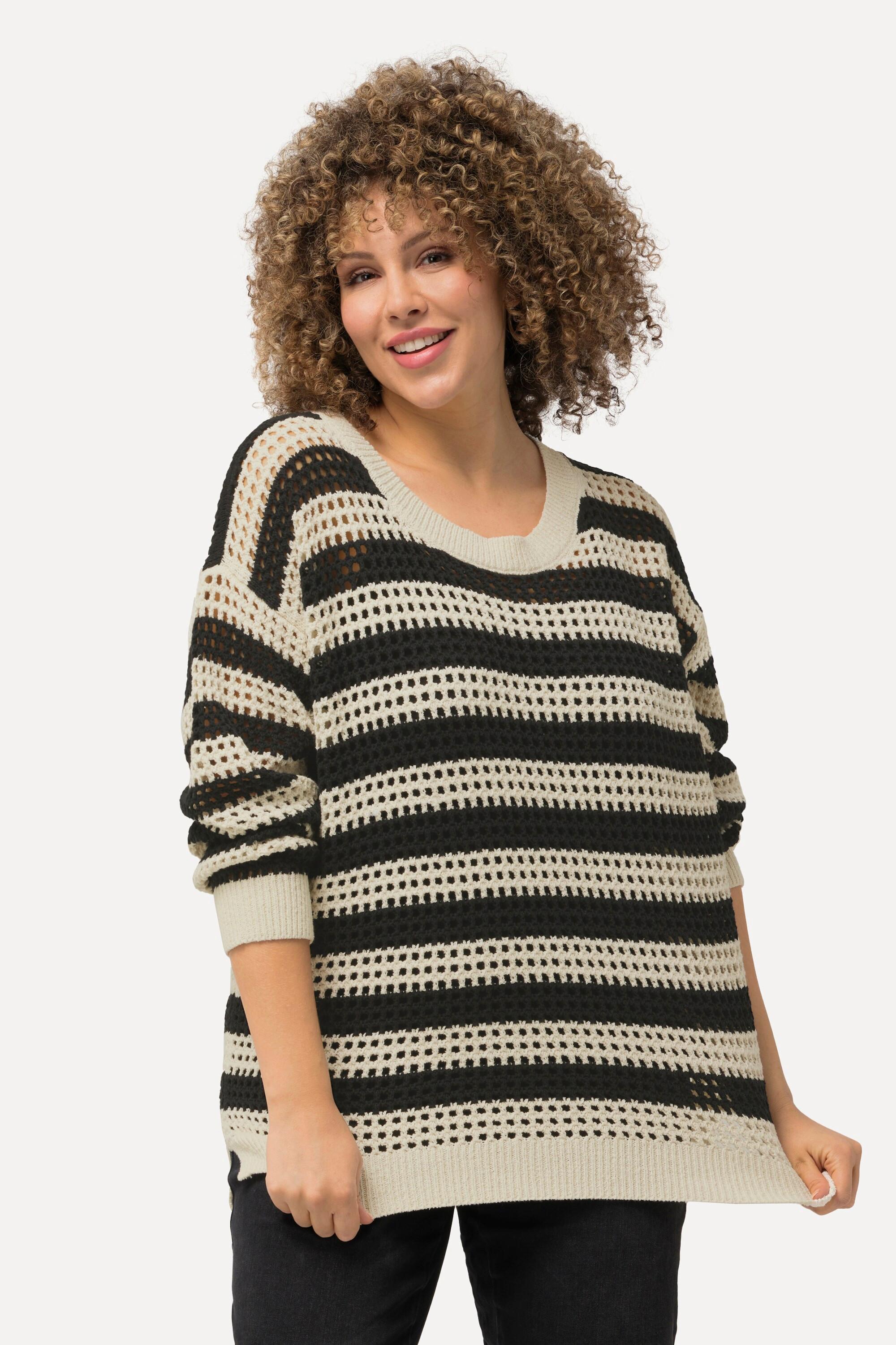 Ulla Popken  Pull en maille crochet oversized à rayures, col rond et manches longues 