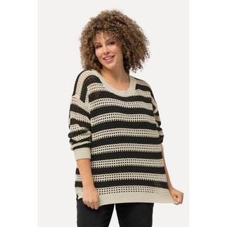 Ulla Popken  Pull en maille crochet oversized à rayures, col rond et manches longues 