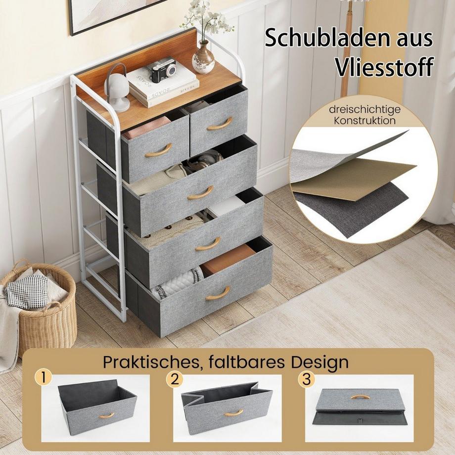Northio Schubladenschrank mit 5 Stoffschubladen & Stahlrahmen & Holzoberfläche  