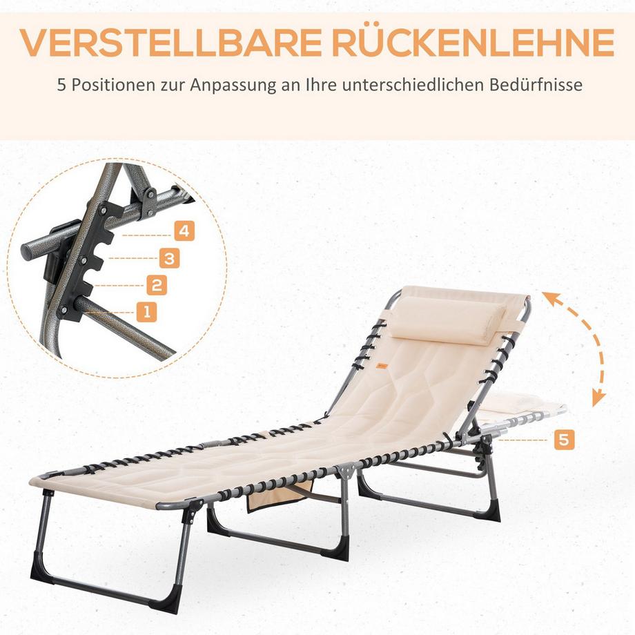 Northio Sonnenliege, klappbar Gartenliege mit Kopfkissen, Seitentasche, Liegestuhl mit 5-Fach verstellbare Rückenlehne, wetterfeste Campingliege bis 130 kg belastbar, für Garten Strand Pool, Beige Aosom  