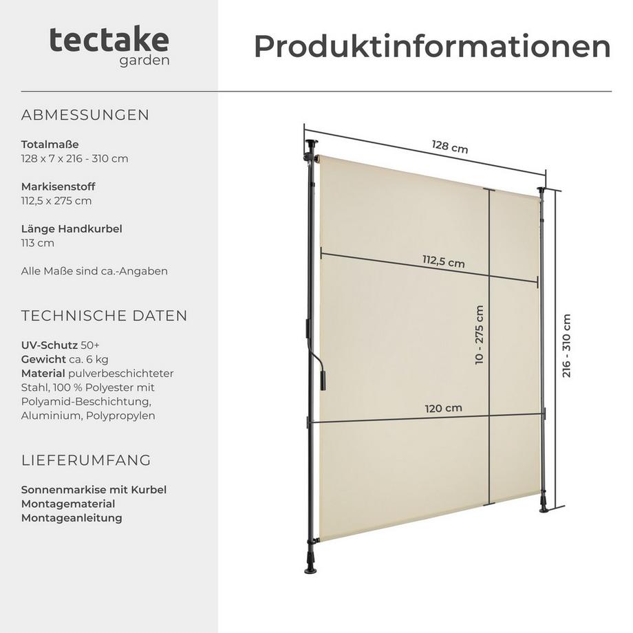 Tectake Klemmmarkise Taija verschiedene Größen UV-beständig und wasserabweisend  