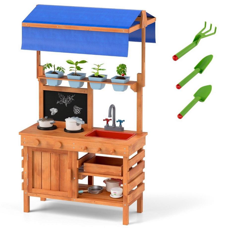 Northix Cuisine en boue pour enfants Cuisine pour enfants en bois avec auvent réglable en hauteur 77 x 52 x 135 cm  