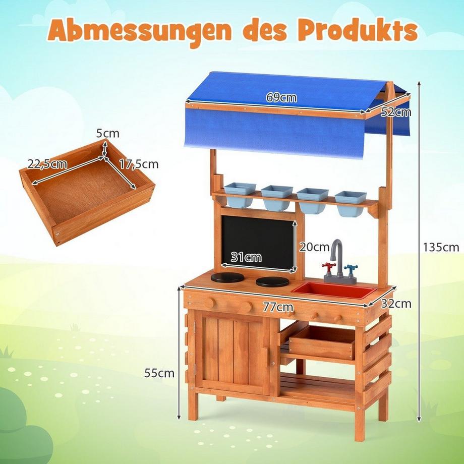 Northix Cuisine en boue pour enfants Cuisine pour enfants en bois avec auvent réglable en hauteur 77 x 52 x 135 cm  