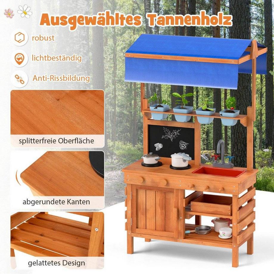 Northix Cuisine en boue pour enfants Cuisine pour enfants en bois avec auvent réglable en hauteur 77 x 52 x 135 cm  