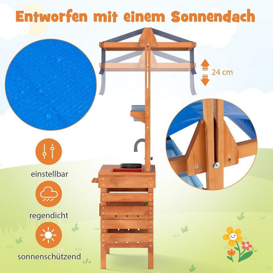 Cucina in fango per bambini Cucina per bambini in legno con cappottina parasole regolabile in altezza 77 x 52 x 135 cm
