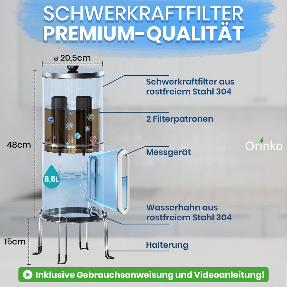 Orinko  Wasserspender mit Schwerkraftfilter inkl. 2 Filter 