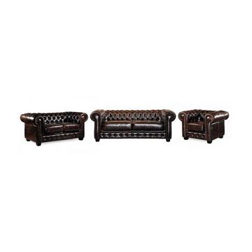 Canapé chesterfield 3+2+cuir de buffle reflets châtains
