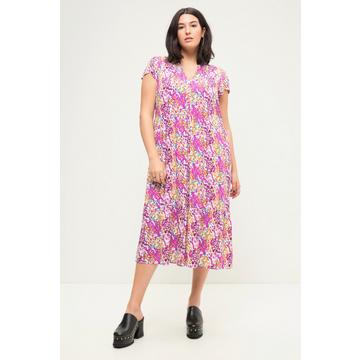 Robe midi coupe trapèze à décolleté rond, manches courtes et imprimé coloré