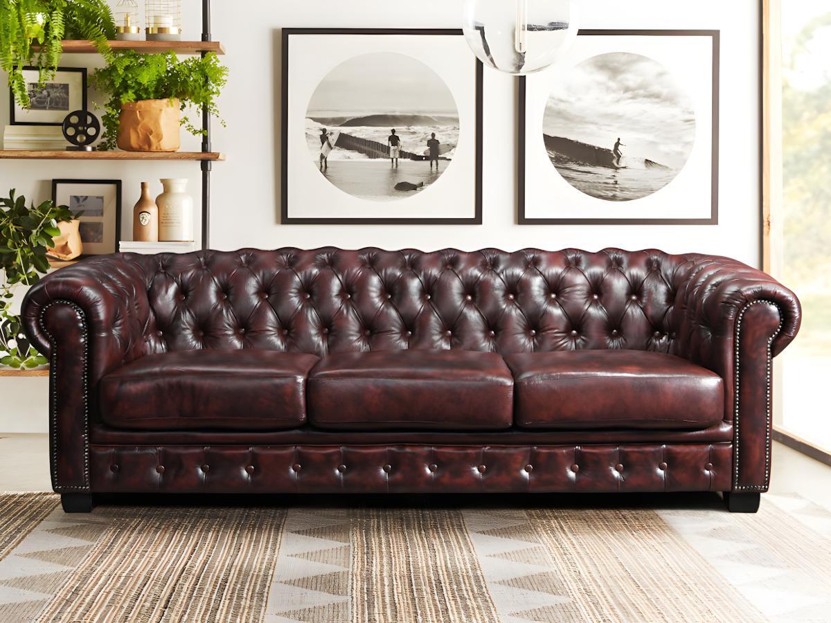 LINEA SOFA Canapé chesterfield 4 places BRENTON 100% cuir de buffle Cherry  