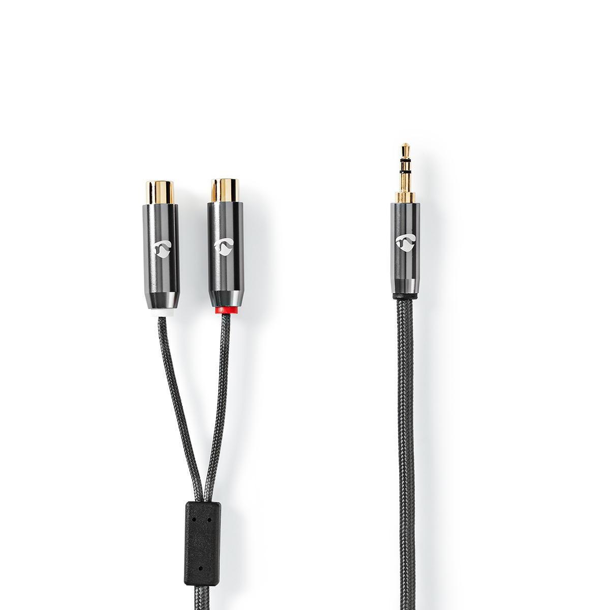 Image of Stereo-Audiokabel | 3,5 mm Stecker | 2x RCA Buchse | Vergoldet | 0,20 m | Rund | Grau / Grau mit Metall | Karton mit abgedecktem Fenster