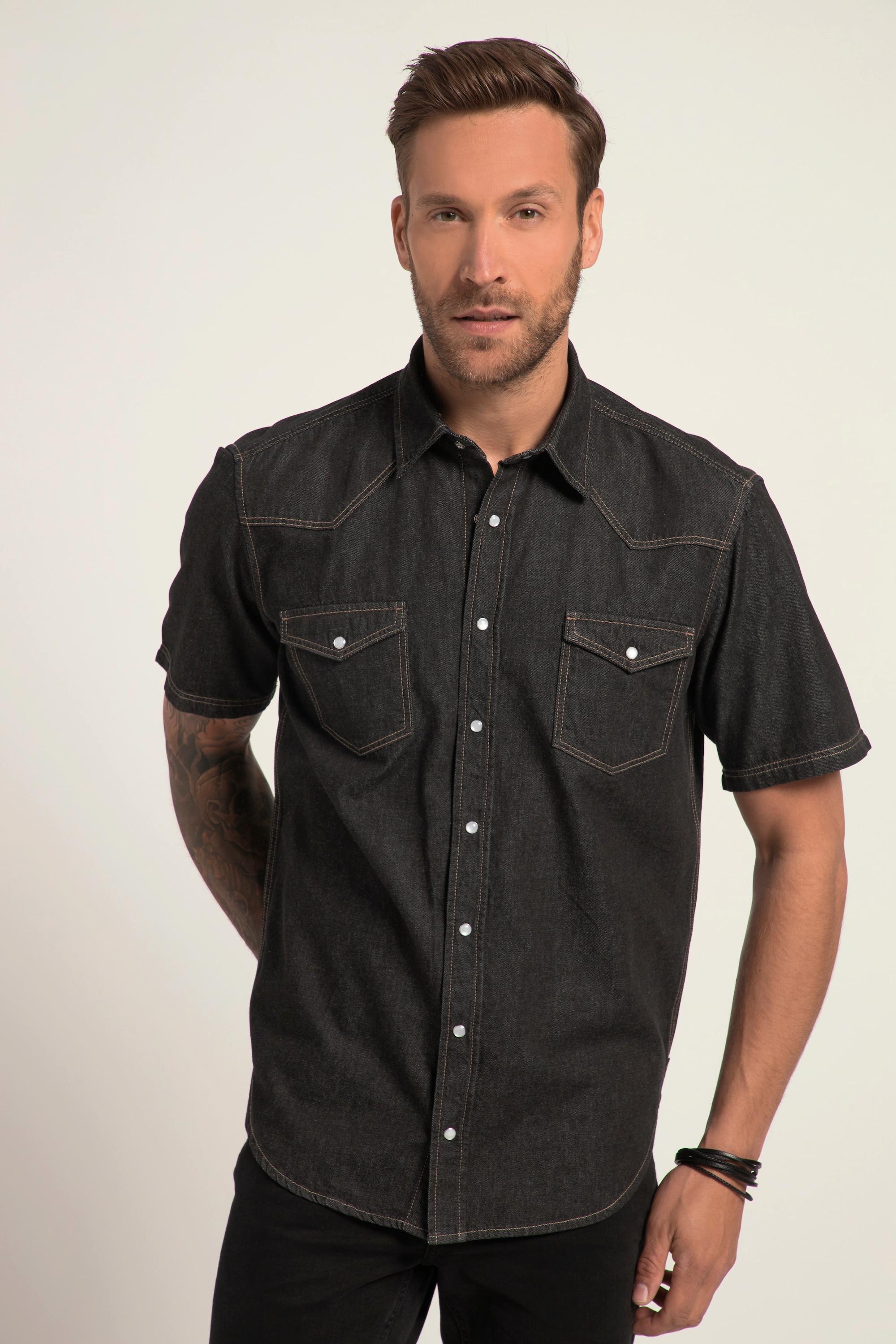 JP1880  Chemise en jean, manches courtes et col Kent. Coupe Modern Fit. Jusqu'au 8XL, Tall. 