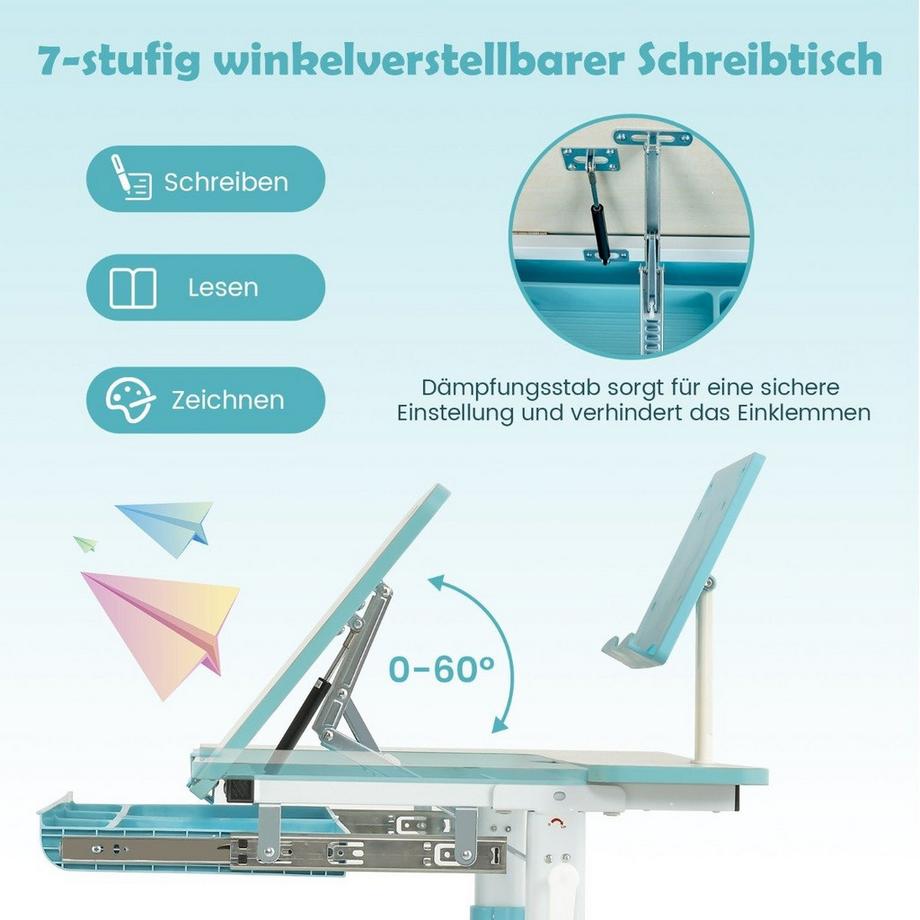 Northix Höhenverstellbares Kinderschreibtisch Set mit Neigbarer Tischplatte & Bücherständer (Blau Tisch)  