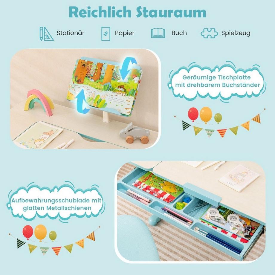 Northix Höhenverstellbares Kinderschreibtisch Set mit Neigbarer Tischplatte & Bücherständer (Blau Tisch)  