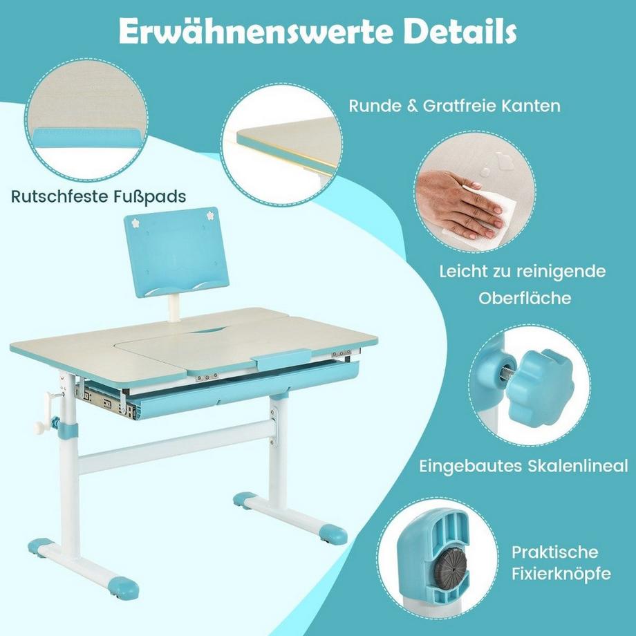Northix Höhenverstellbares Kinderschreibtisch Set mit Neigbarer Tischplatte & Bücherständer (Blau Tisch)  