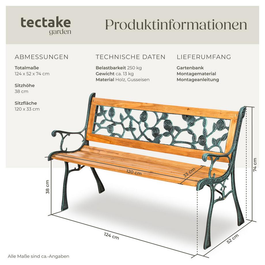 Tectake Gartenbank Marina 2-Sitzer aus Holz und Gusseisen  