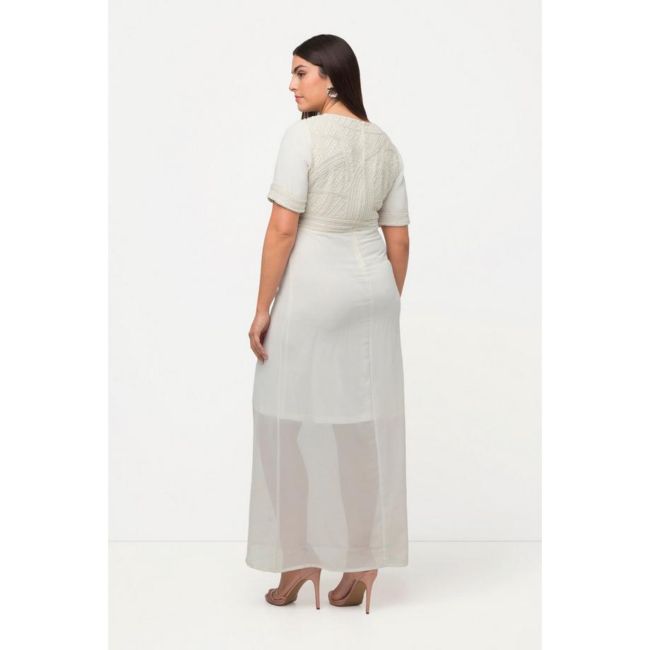 Ulla Popken Robe de Mariage Broderie Perles Col V Manches Mi-longues  