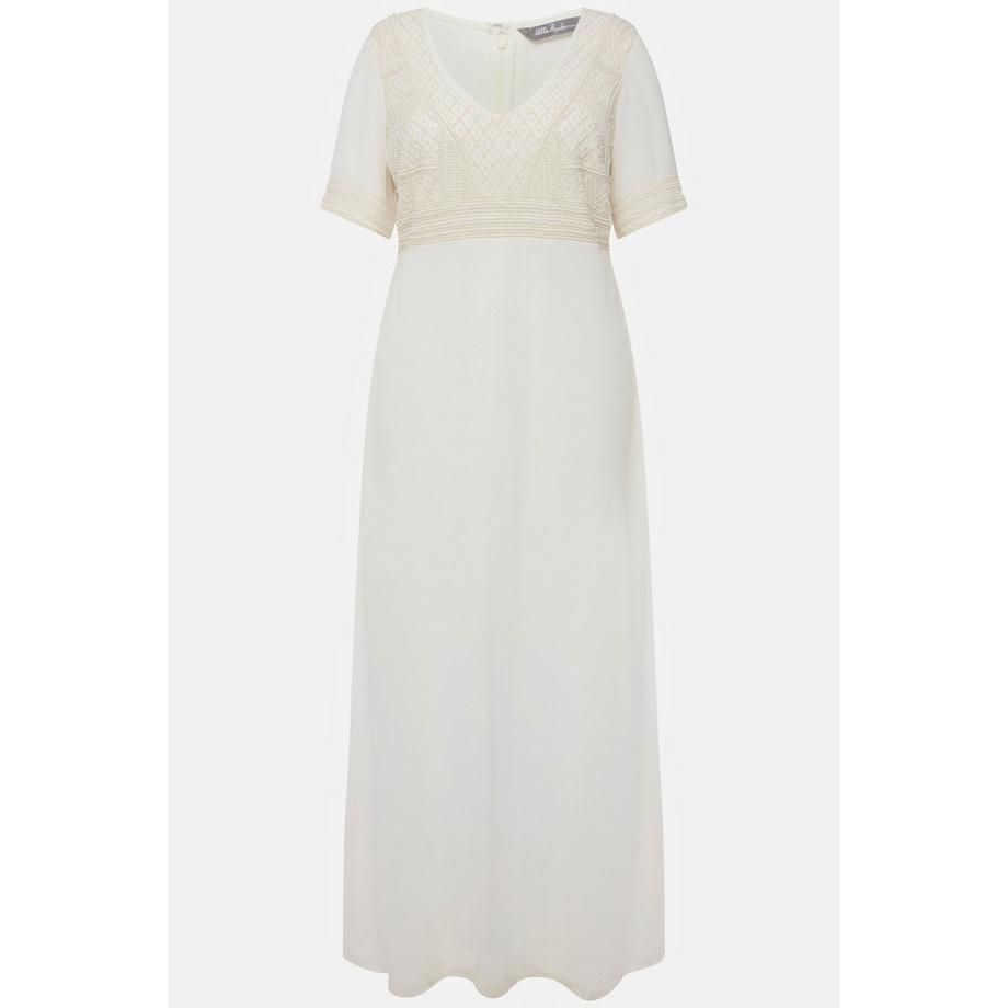 Ulla Popken Robe de Mariage Broderie Perles Col V Manches Mi-longues  