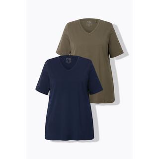 Ulla Popken  T-shirt di cotone biologico in confezione doppia con scollo a V e mezze maniche 