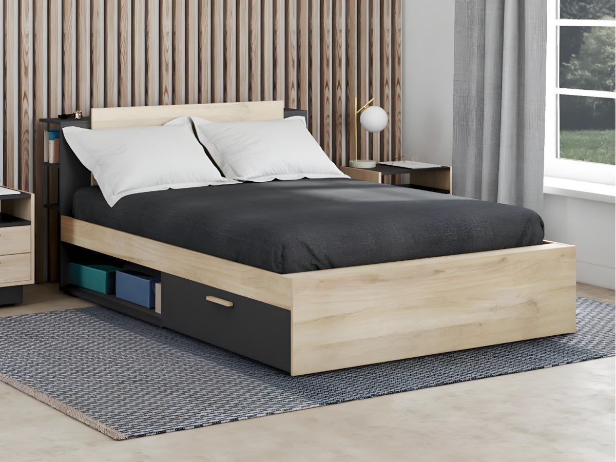 Vente-unique Letto con vani portaoggetti 140 x 200 cm Naturale e Nero + Rete - ERALIA  