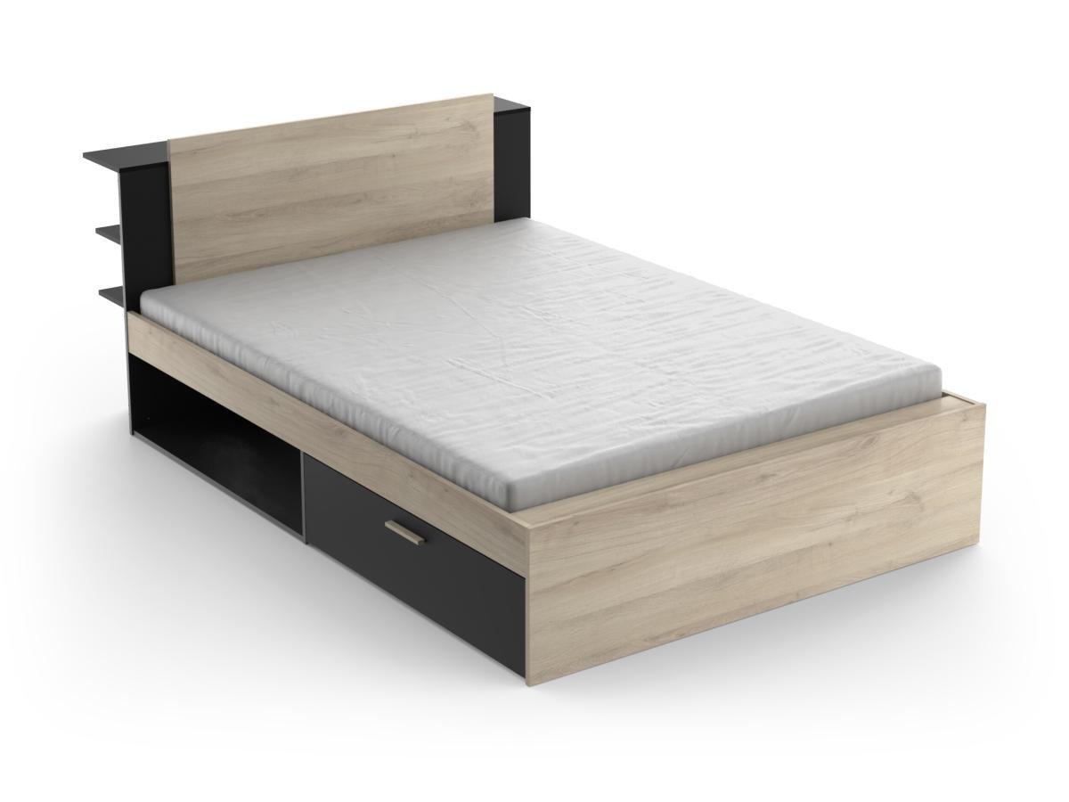 Vente-unique Letto con vani portaoggetti 140 x 200 cm Naturale e Nero + Rete - ERALIA  