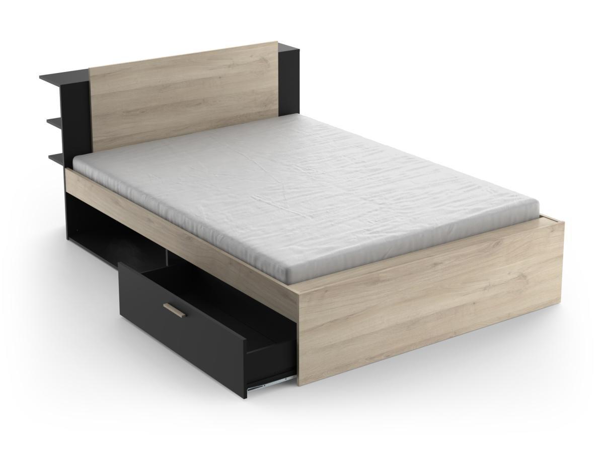 Vente-unique Letto con vani portaoggetti 140 x 200 cm Naturale e Nero + Rete - ERALIA  