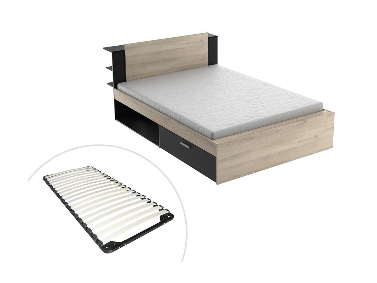 Image of Bett mit Stauraum + Lattenrost - 140 x 200 cm - Holzfarben & Schwarz - ERALIA Bett mit Stauraum + Lattenrost - 140 x 200 cm - Holzfarben & Schwarz - ERALIA