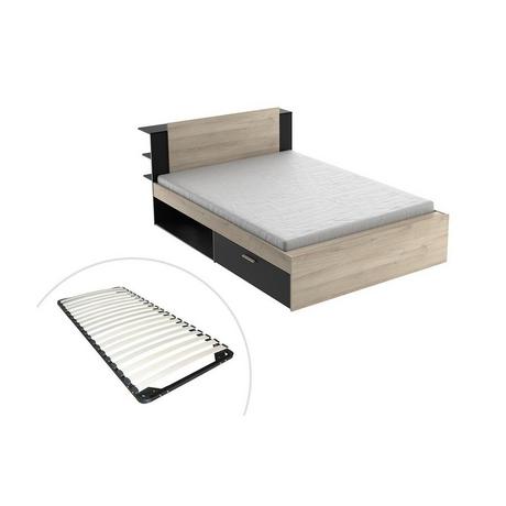 Vente-unique Letto con vani portaoggetti 140 x 200 cm Naturale e Nero + Rete - ERALIA  