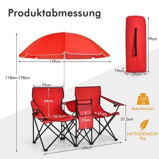 Northix 2-Sitzer Campingstuhl mit Sonnenschirm klappbarer Angelstuhl mit Tragetasche Rot  
