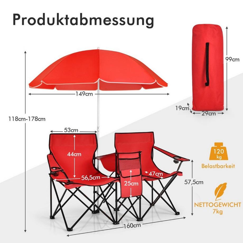 Northix 2-Sitzer Campingstuhl mit Sonnenschirm klappbarer Angelstuhl mit Tragetasche Rot  