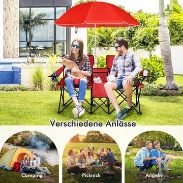 2-Sitzer Campingstuhl mit Sonnenschirm klappbarer Angelstuhl mit Tragetasche Rot