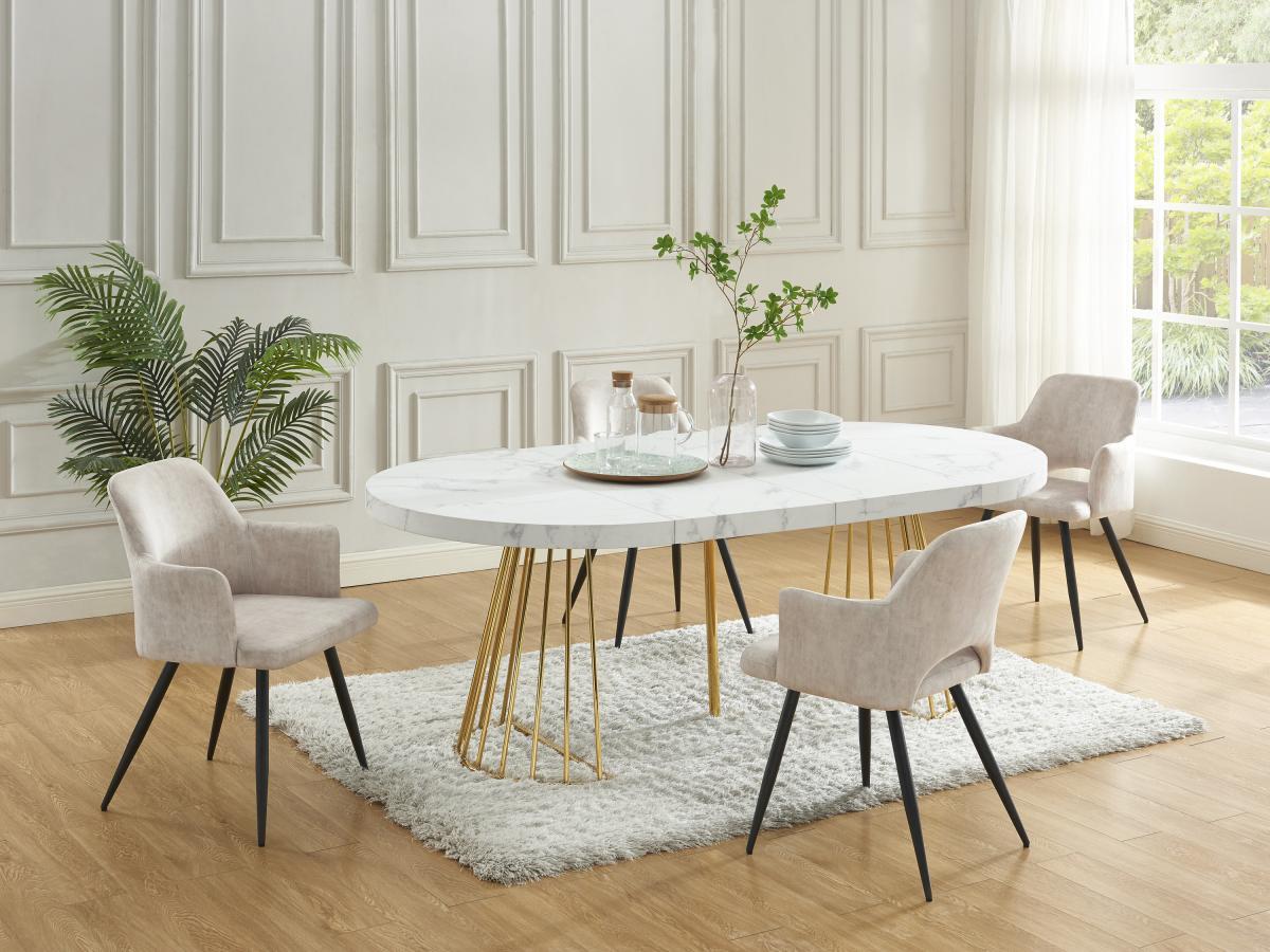 Vente-unique Tavolo da pranzo allungabile da 2 a 12 coperti in MDF e Acciaio Effetto marmo Bianco e Oro - FIRELA  