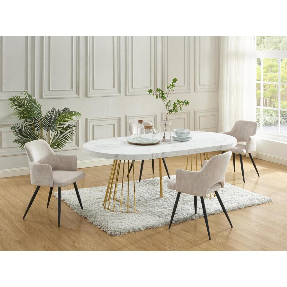 Vente-unique Table à manger extensible 2 à 12 personnes en MDF et acier - Effet marbre blanc et doré - FIRELA  