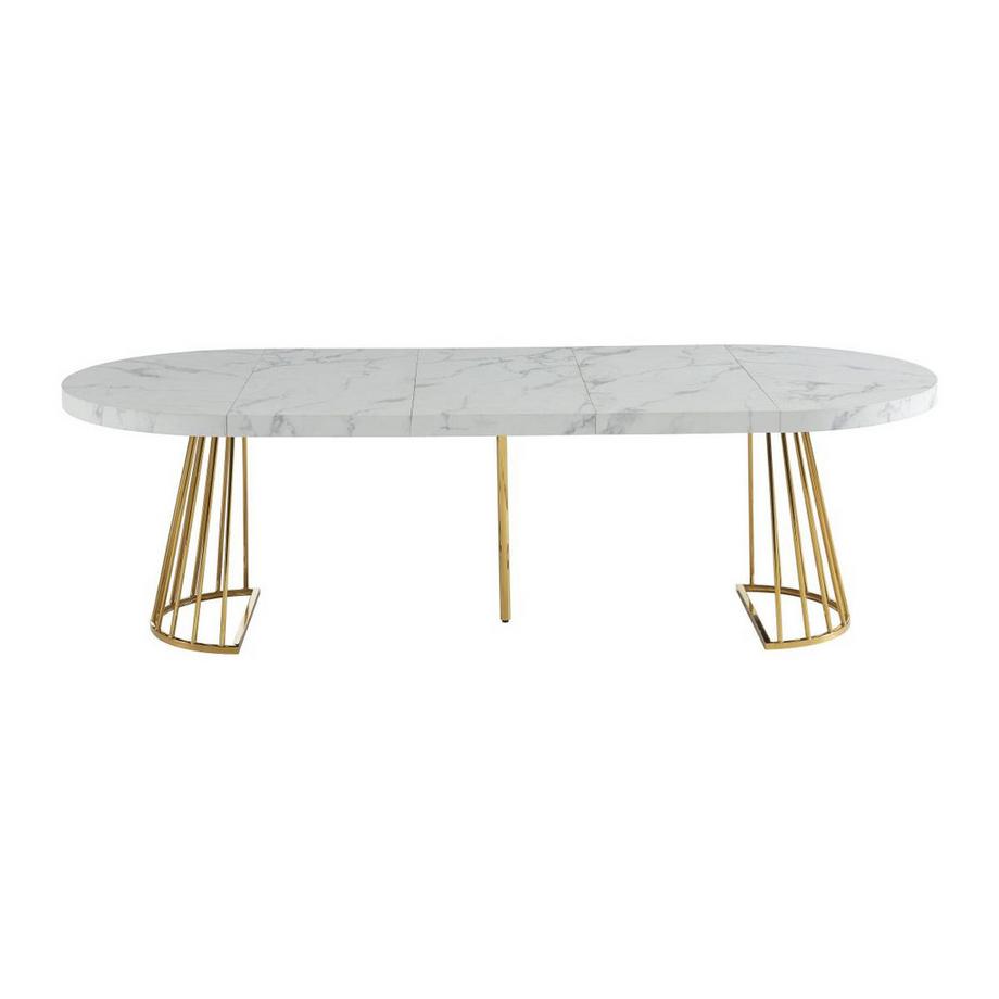 Vente-unique Table à manger extensible 2 à 12 personnes en MDF et acier - Effet marbre blanc et doré - FIRELA  