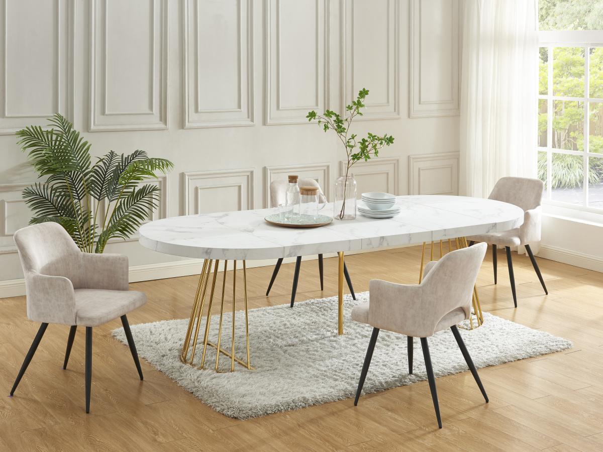 Vente-unique Tavolo da pranzo allungabile da 2 a 12 coperti in MDF e Acciaio Effetto marmo Bianco e Oro - FIRELA  